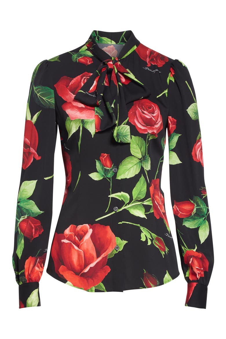 Rose Print Tie Neck Blouse, Alternate, color, ROSE BLACK