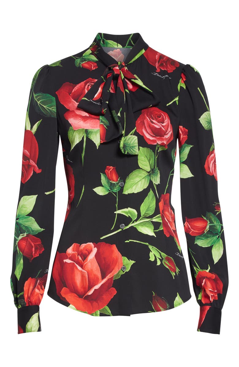 Dolce&Gabbana Rose Print Tie Neck Blouse, Alternate, color, 