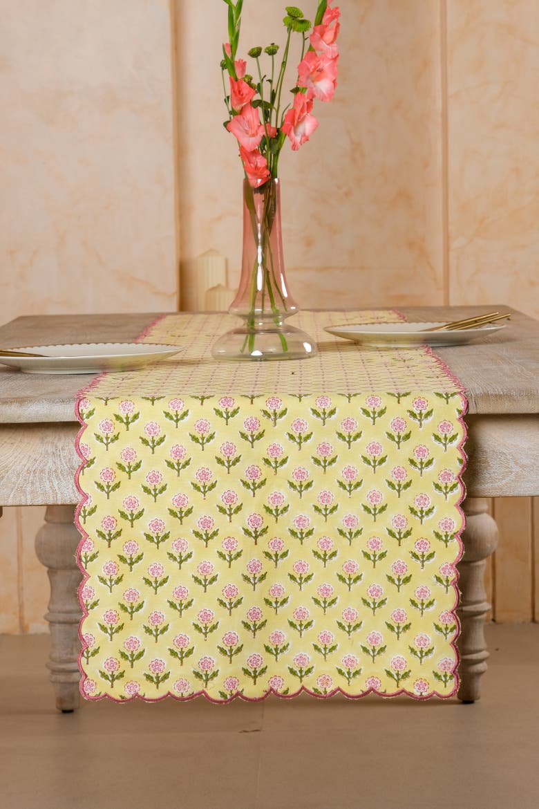 Mona Scallop Embroidered Blockprint Tablerunner, Alternate, color, Butter Yellow