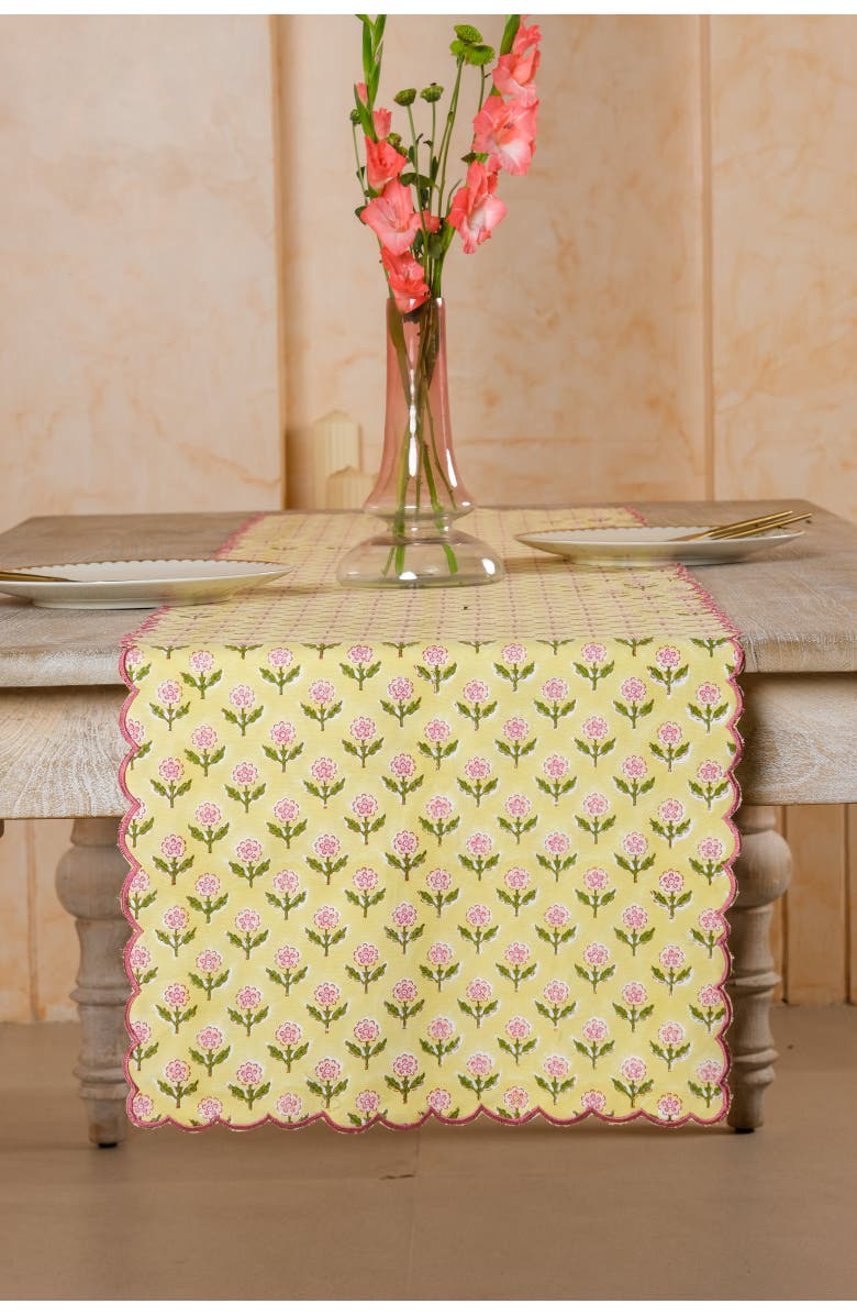 Inner Child Mona Scallop Embroidered Blockprint Tablerunner, Alternate, color, Butter Yellow