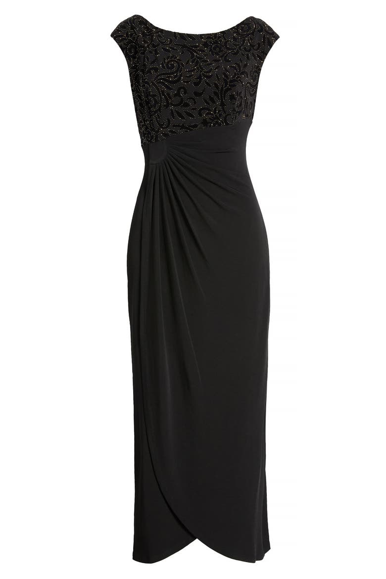 Beaded Bodice Cap Sleeve Faux Wrap Cocktail Dress, Alternate, color, GOLD