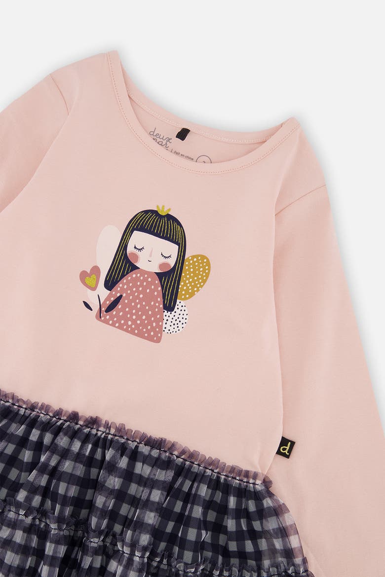 Bi-Material Fairy Detail Gingham Mesh Dress, Alternate, color, Pale Dusty Pink and Navy