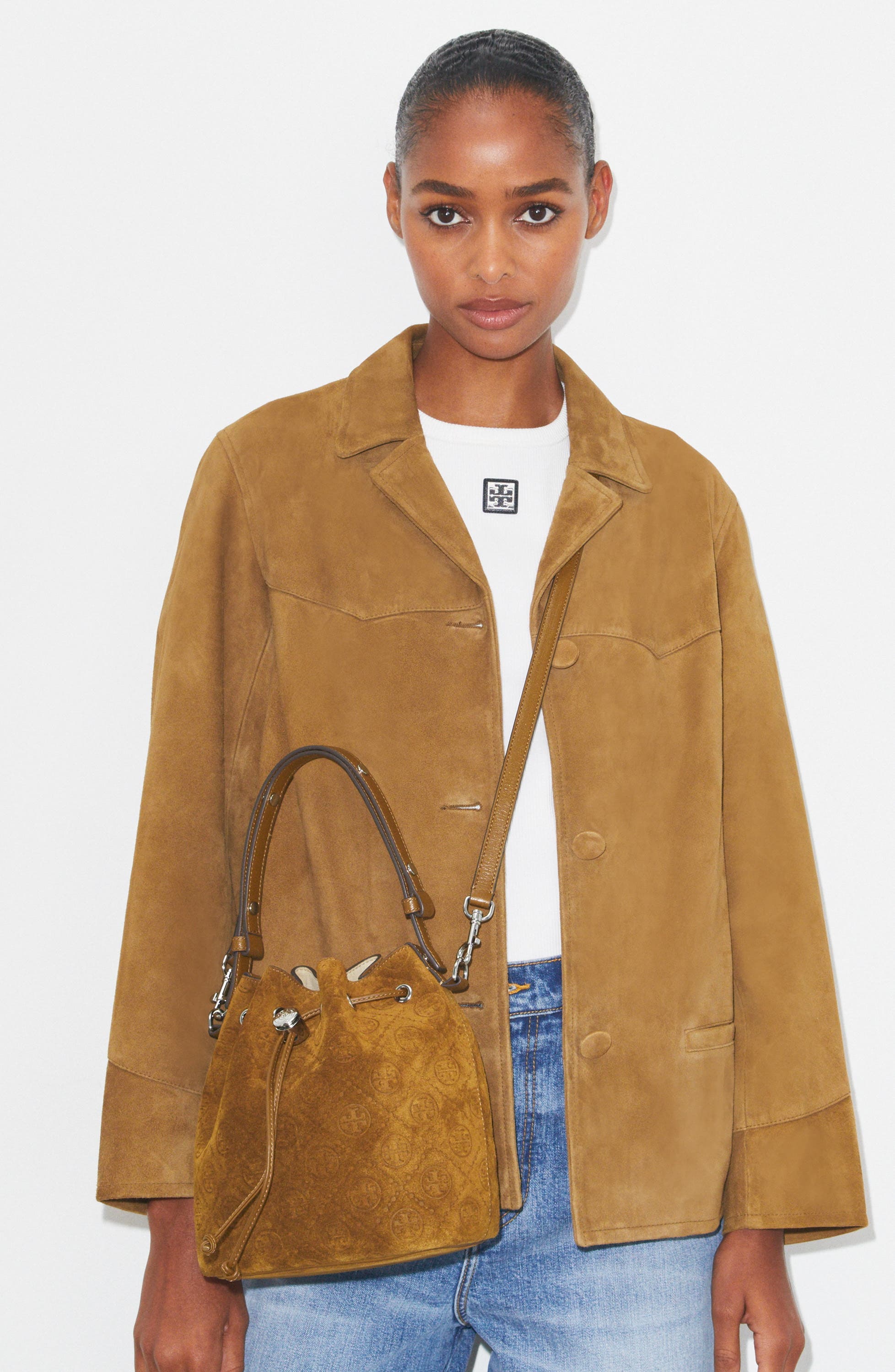 Tory Burch T Monogram Suede Bucket Bag, Alternate, color, Chicory Brown