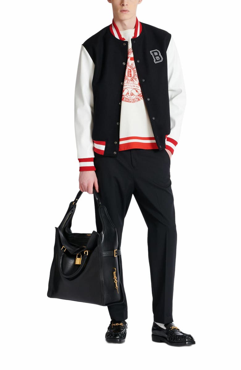 Balmain Varsity T-Shirt With Balmain Écusson Print, Alternate, color, Red