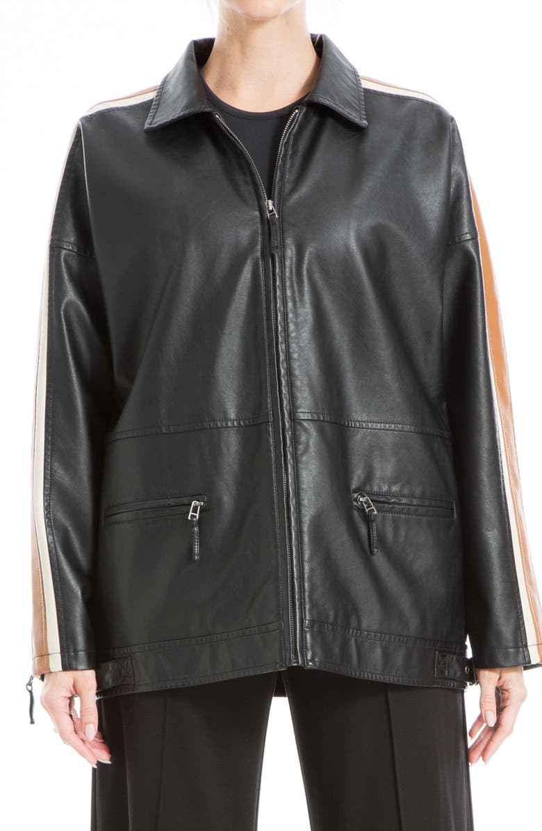MAX STUDIO Racer Stripe Faux Leather Jacket, Alternate, color, Black Vicuna Cream