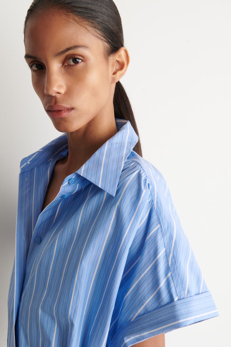 Striped Short-sleeved Cotton Shirt Dress, Alternate, color, BLUE / STRIPED