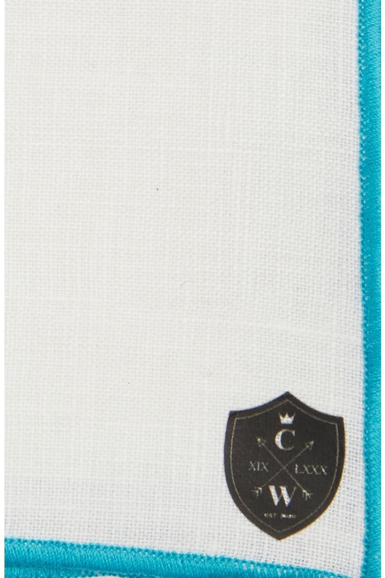 White Linen Pocket Square with Aqua Trim, Alternate, color, AQUA
