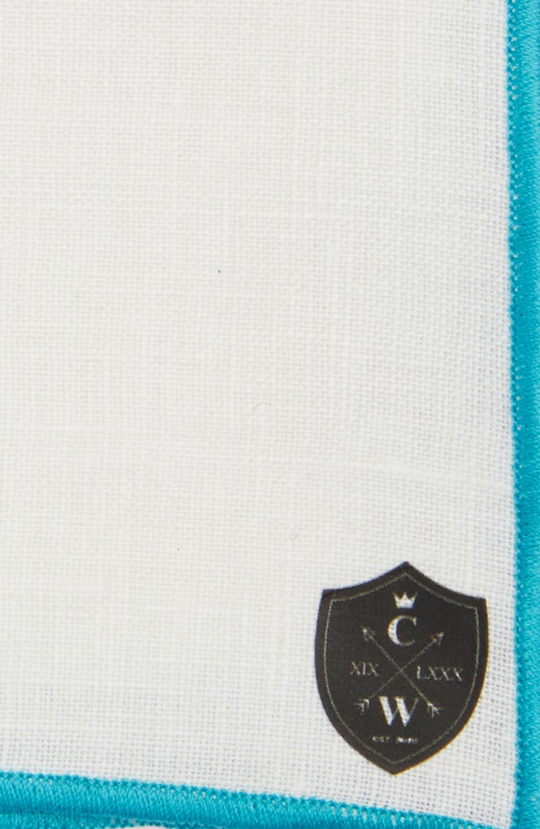 CLIFTON WILSON White Linen Pocket Square with Aqua Trim, Alternate, color, Aqua