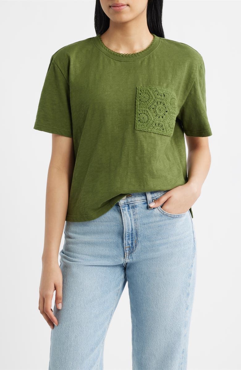 CITY BLUES Crochet Pocket T-Shirt, Main, color, Pine