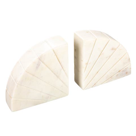 Modern Arched Semicircle Marble Bookends with Carved Detail, White, Set of 2