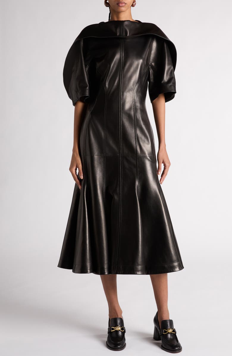 Bottega Veneta Drape Puff Sleeve Napa Leather Dress, Main, color, 
