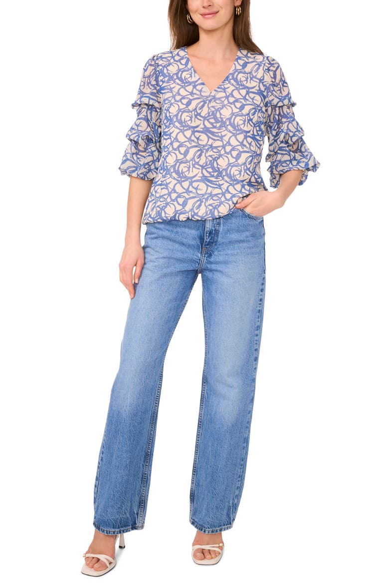Print Bubble Sleeve Top, Alternate, color, DEEP RIVER