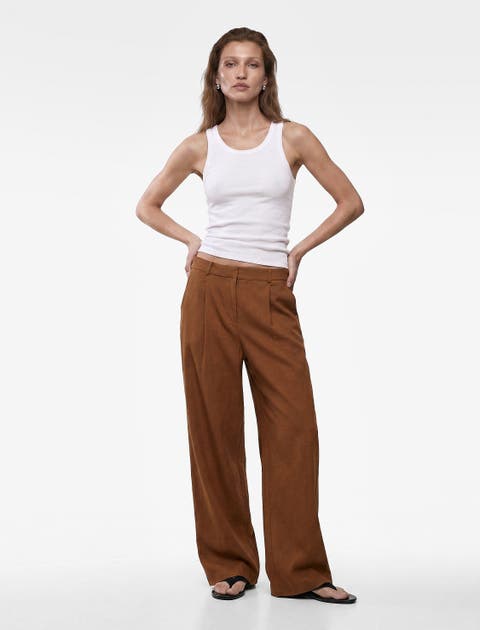 Linen Blend Pleated Tailored Wide Leg Pants