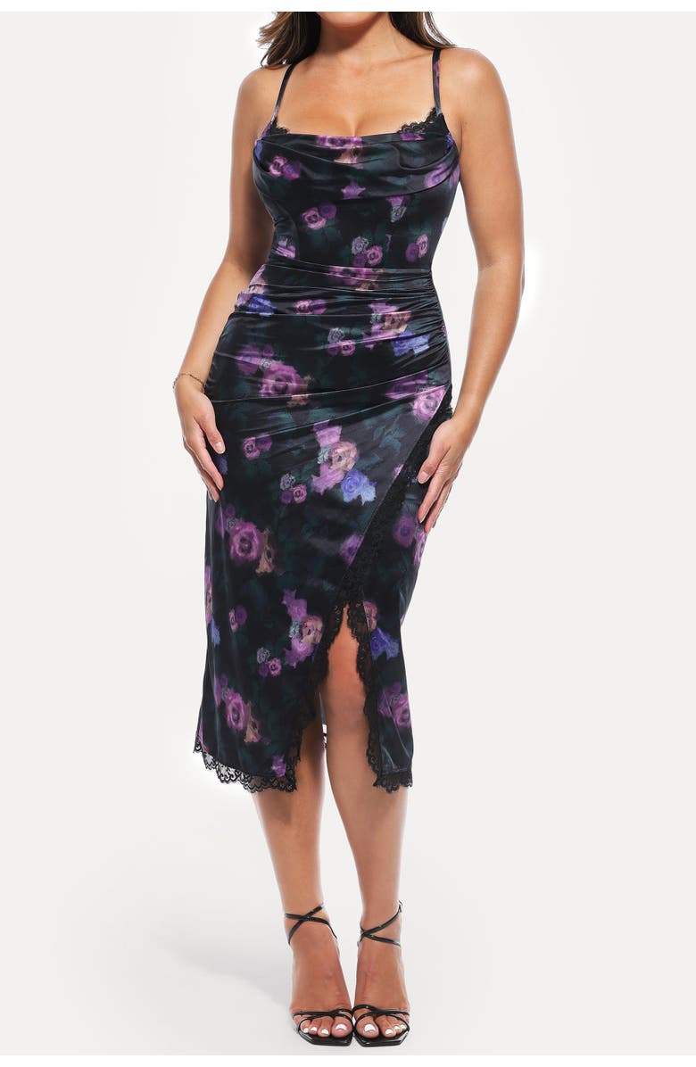 Popilush Resort-Ready Lace Trim Sculpting Floral-Print Midi Shaper Dress, Main, color, Nocturne Floral