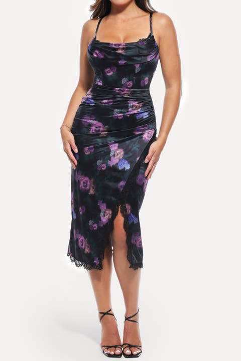 Resort-Ready Lace Trim Sculpting Floral-Print Midi Shaper Dress