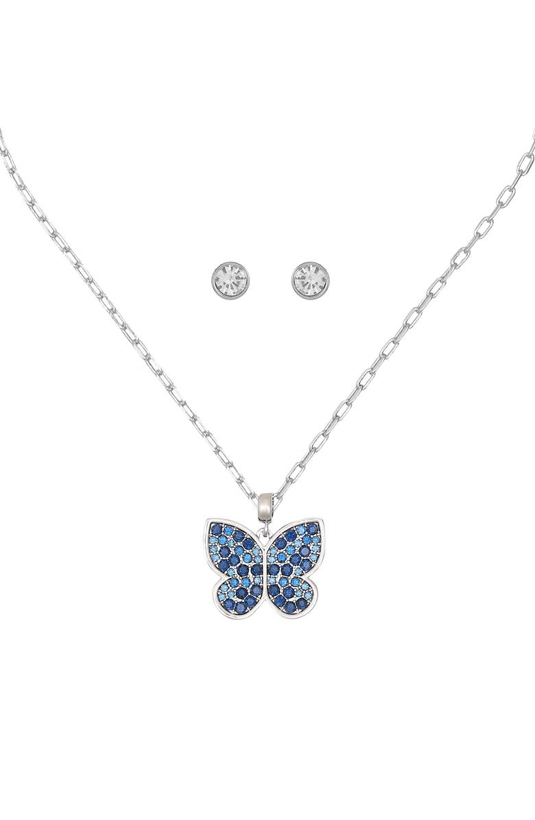 GUESS Butterfly Pendant Necklace & Stud Earrings Set, Alternate, color, Silver/Blue
