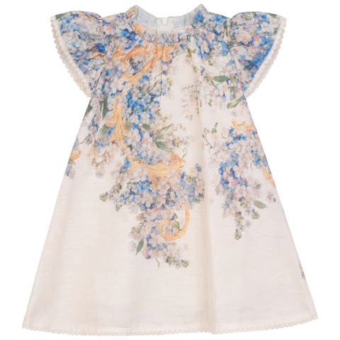 Floral Lace Trim Ruffle Neck Dress