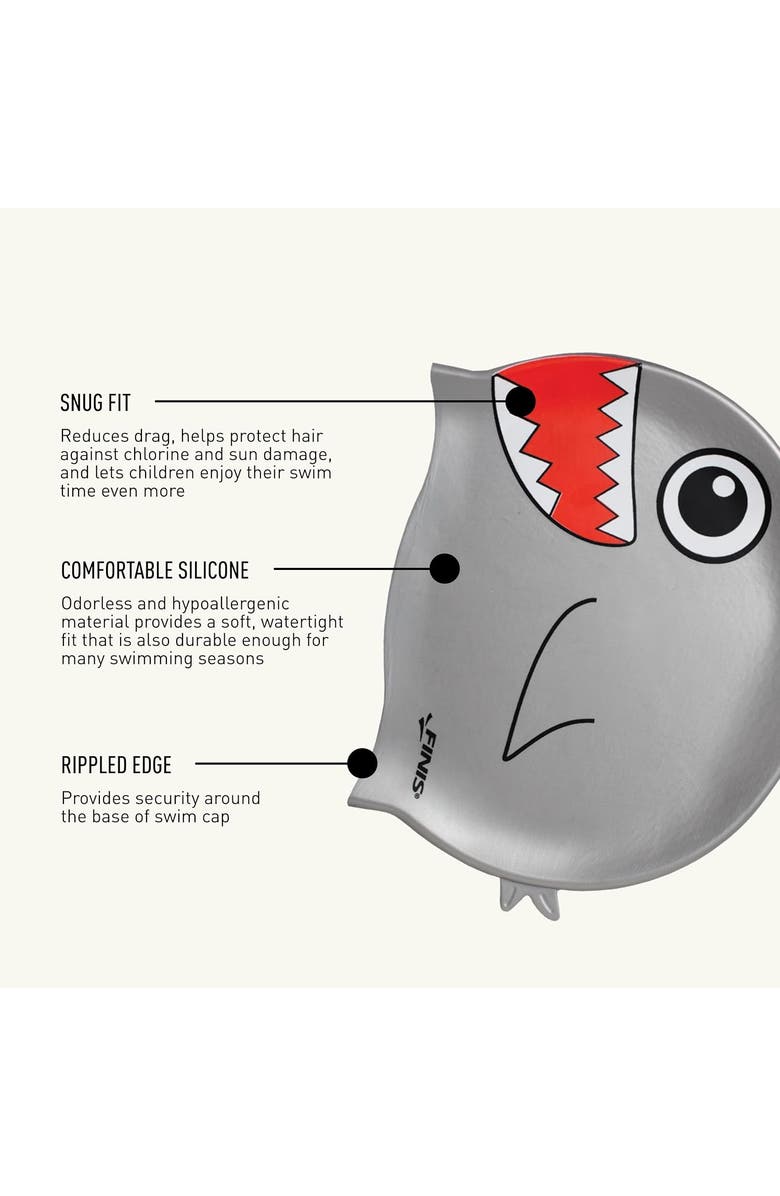 FINIS Animal Heads Silicone Swim Cap for Kids Fun 3D Animal Designs Snug Fit Chlorine Protection, Alternate, color, Shark