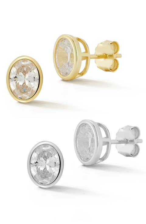 Set of 2 Sterling Silver Cubic Zirconia Round Stud Earrings