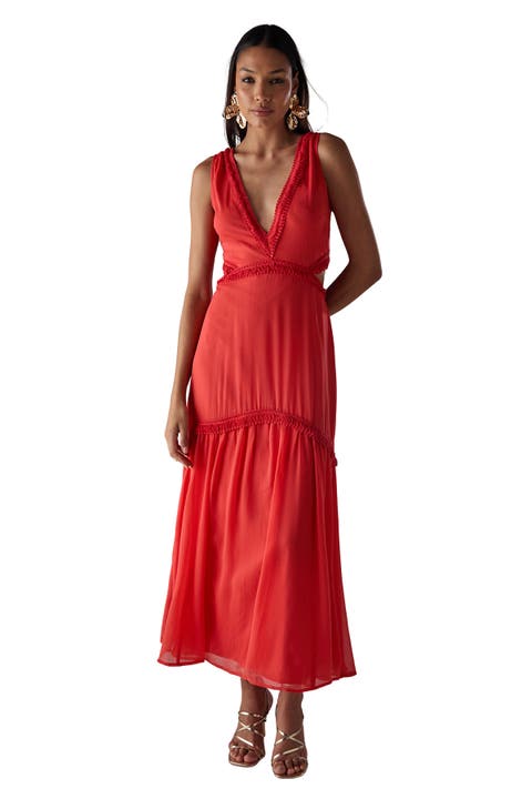 Chiffon Fringe Trim Cut Out Maxi Dress