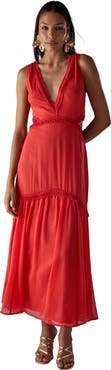 Warehouse Chiffon Fringe Trim Cut Out Maxi Dress