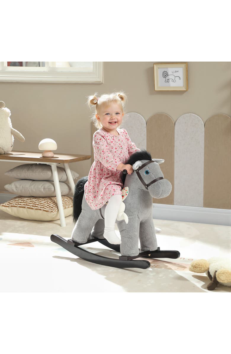 Qaba Toddler Rocking Horse Plush Kids Ride on Toy with Realistic Sound and Toy Animal Rocker for Years Old, Alternate, color, Grey