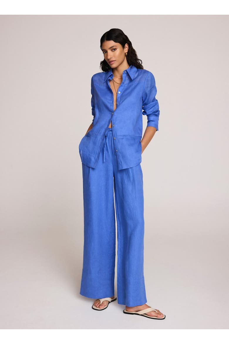 Linen Drawstring Wide Leg Trousers, Alternate, color, Blue