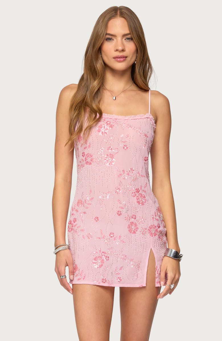 EDIKTED Romey Beaded Chiffon Minidress, Alternate, color, Pink