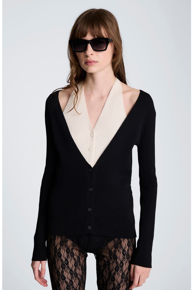 Layered Look Halter Cardigan, Alternate, color, BLACK/ OYSTER