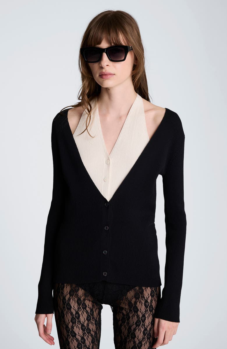 Kenneth Cole Layered Look Halter Cardigan, Alternate, color, Black/ Oyster