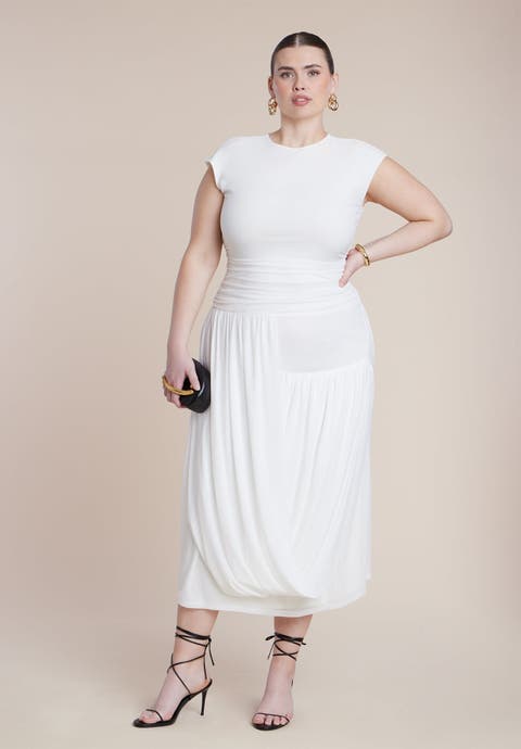 Drape Detail Fitted Mesh Dress (Plus)