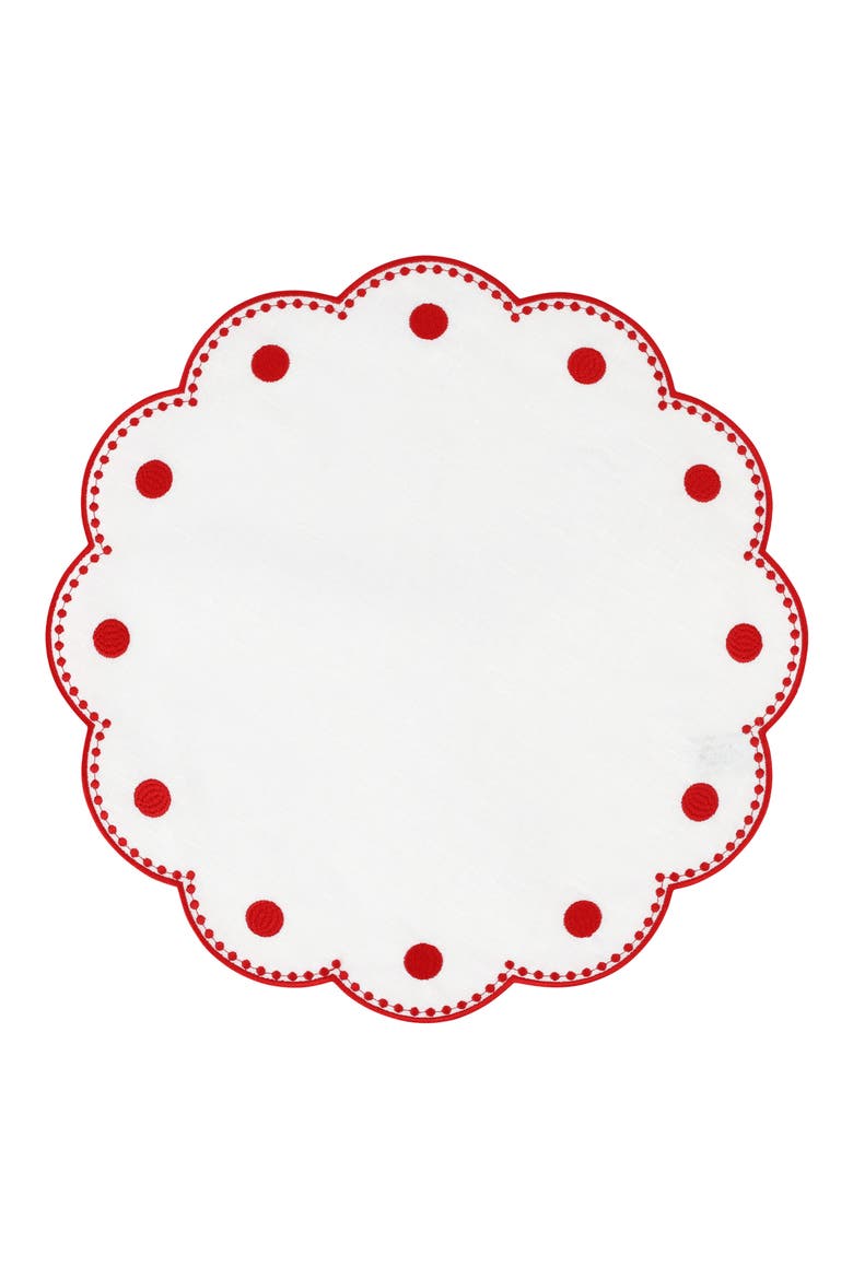 Tessuti Set of 4 Round White Linen Placemats with Red Dot Embroidery, Main, color, RED