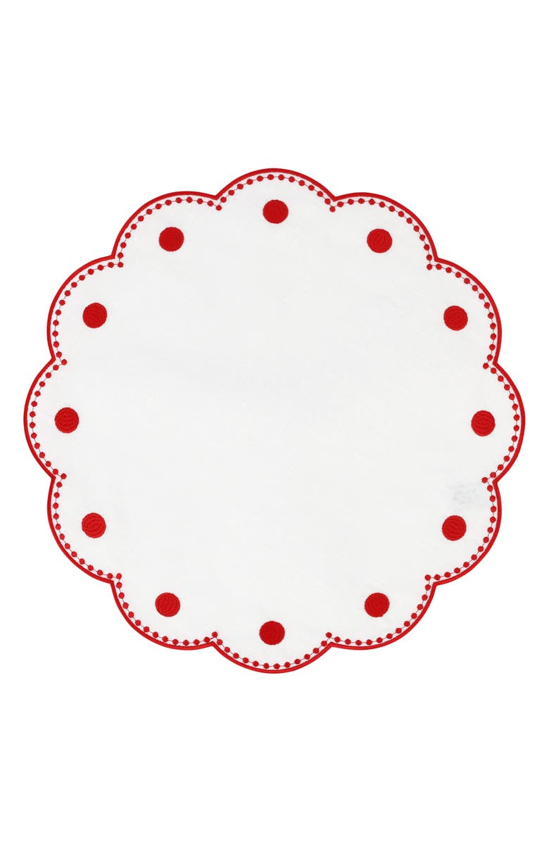 VIETRI Tessuti Set of 4 Round White Linen Placemats with Red Dot Embroidery, Main, color, Red