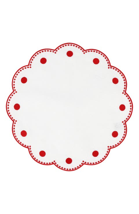 Tessuti Set of 4 Round White Linen Placemats with Red Dot Embroidery