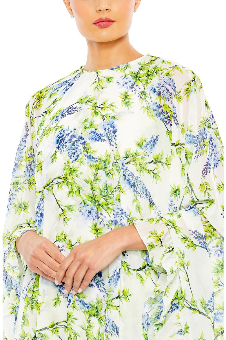 Floral Print High Neck Ruffle Hem Cape Mini Dress, Alternate, color, WHITE MULTI