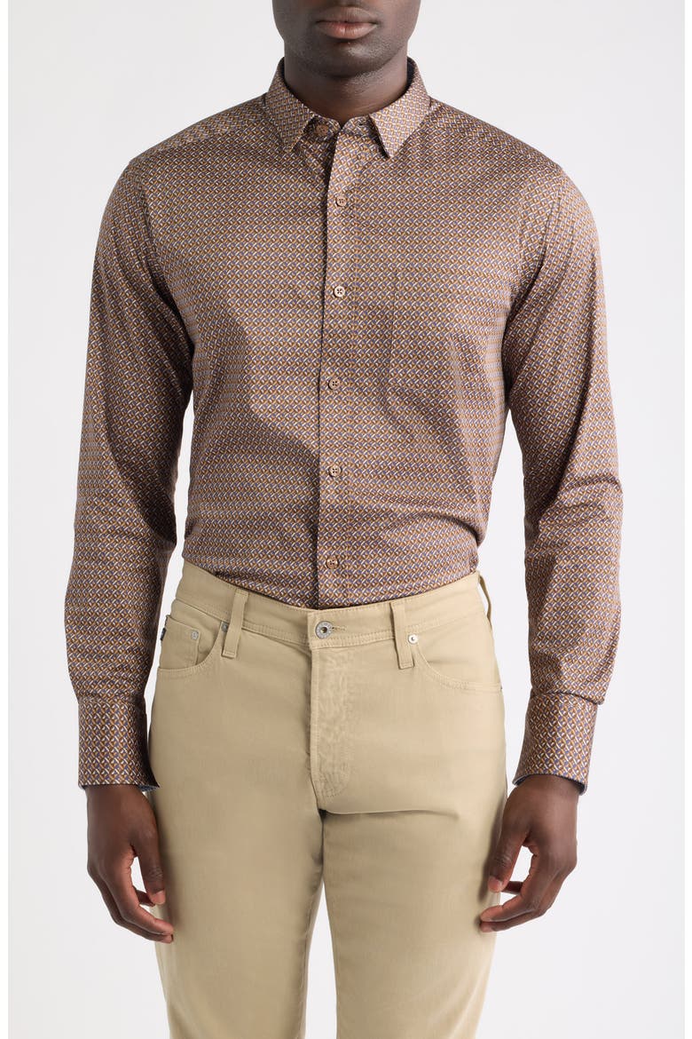 Logan Print Button-Up Shirt, Main, color, BROWN / NAVY MULTI DIAMOND