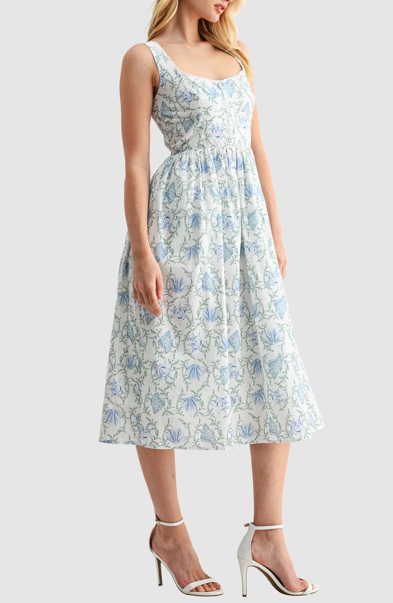 Lush Floral Corset Fit & Flare Midi Dress, Alternate, color, Blue White