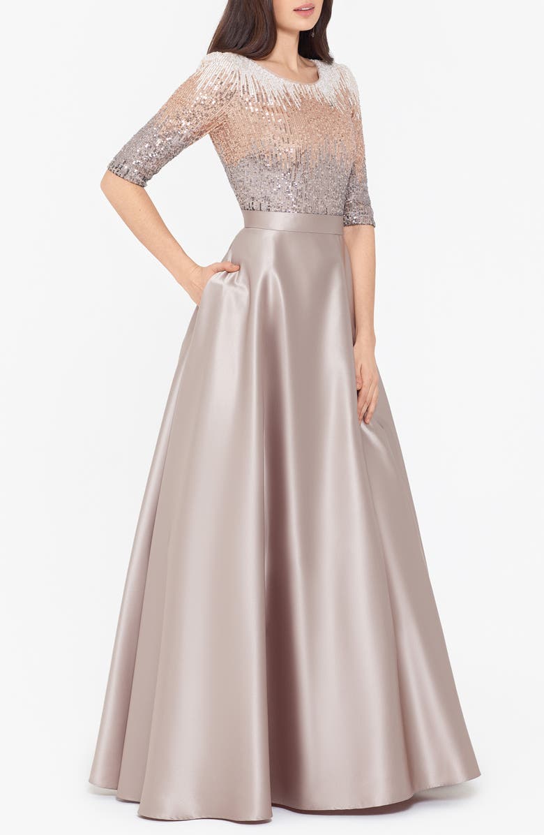 Betsy & Adam Sequin & Satin Ballgown, Alternate, color, Mocha