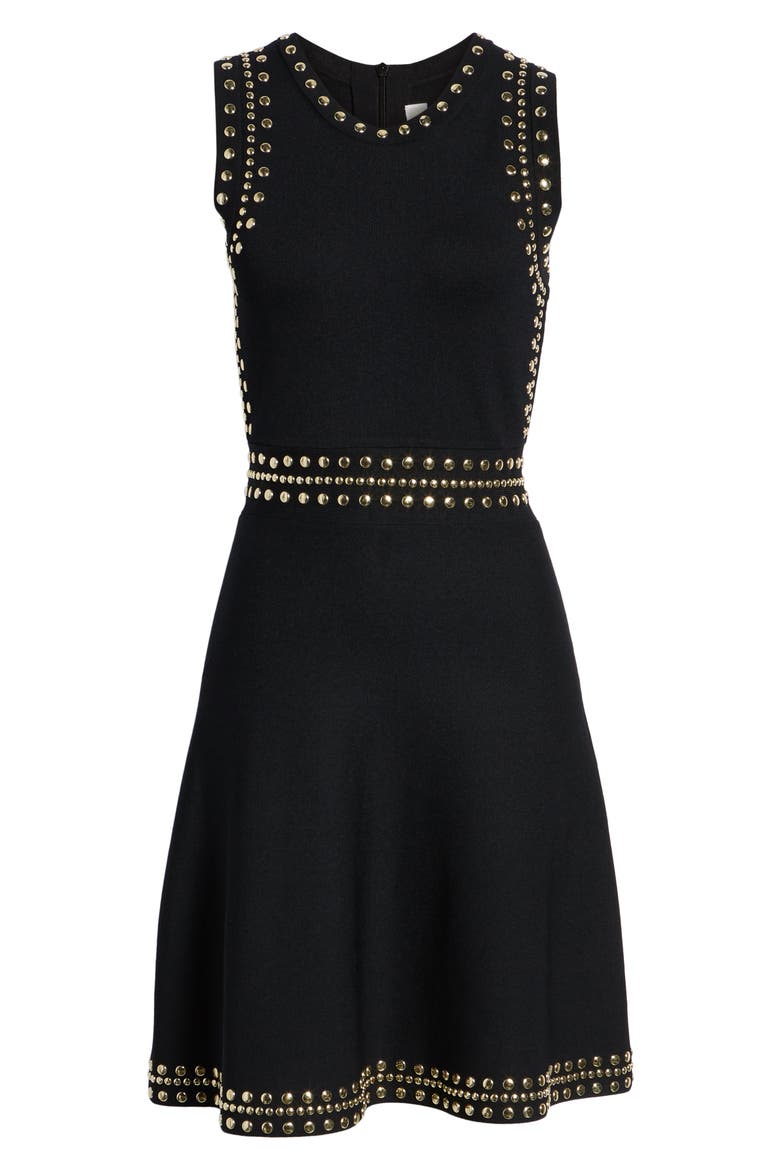 Studded Fit & Flare Dress, Alternate, color, BLACK/ GOLD