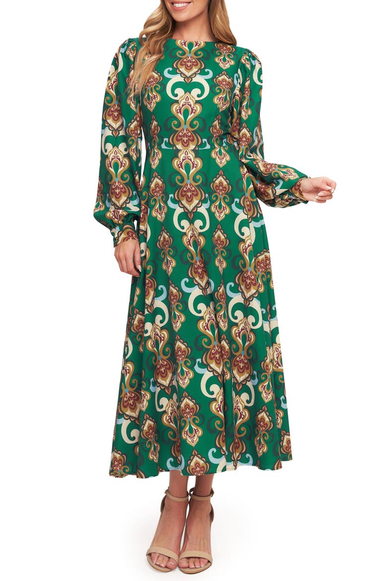 Long Sleeve Open Back Midi Dress, Main, color, KELLY GREEN