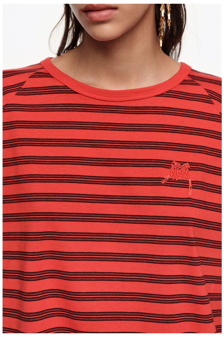 Striped Cropped T-shirt With Embroidered Logo, Alternate, color, RED