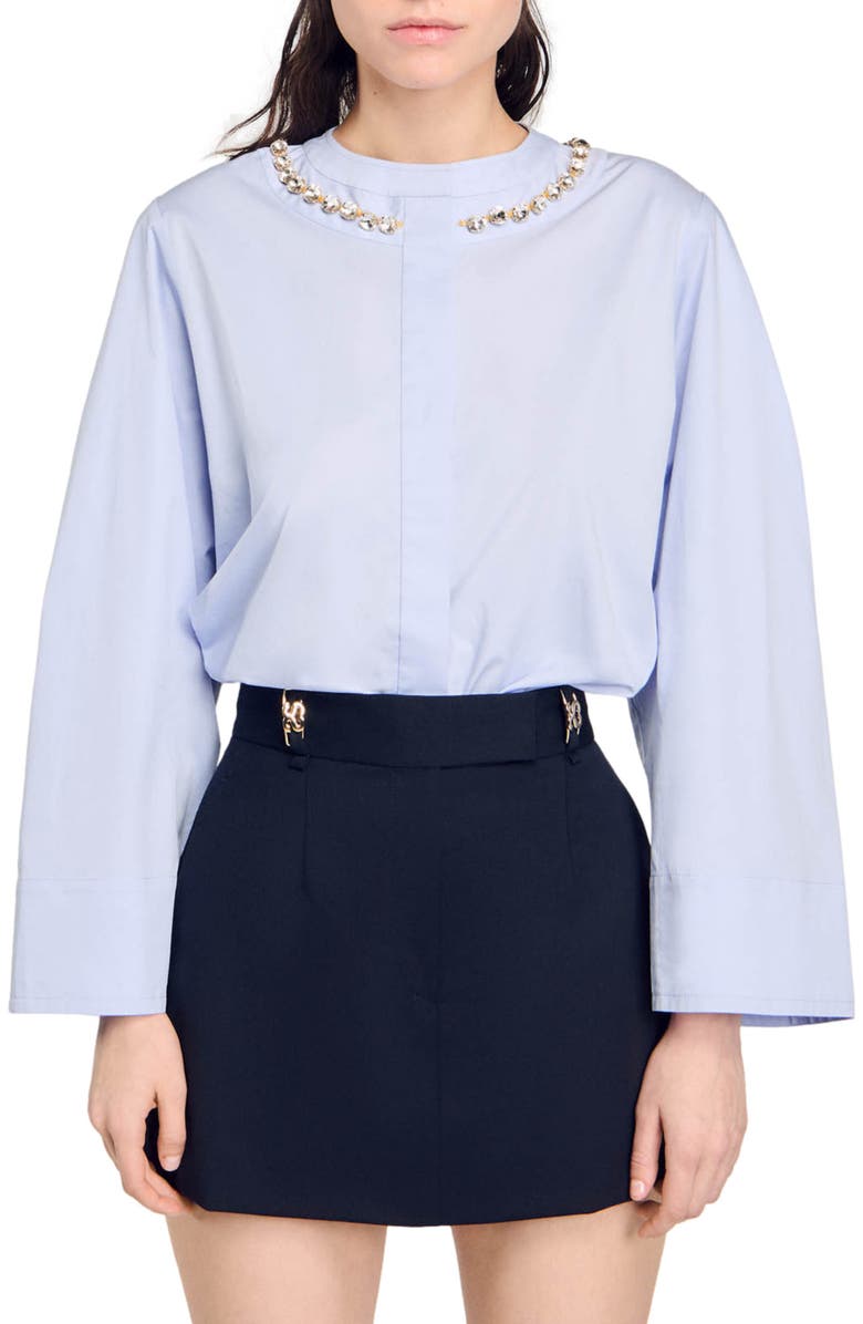 SANDRO Cropped shirt with jewel trim collar, Main, color, 