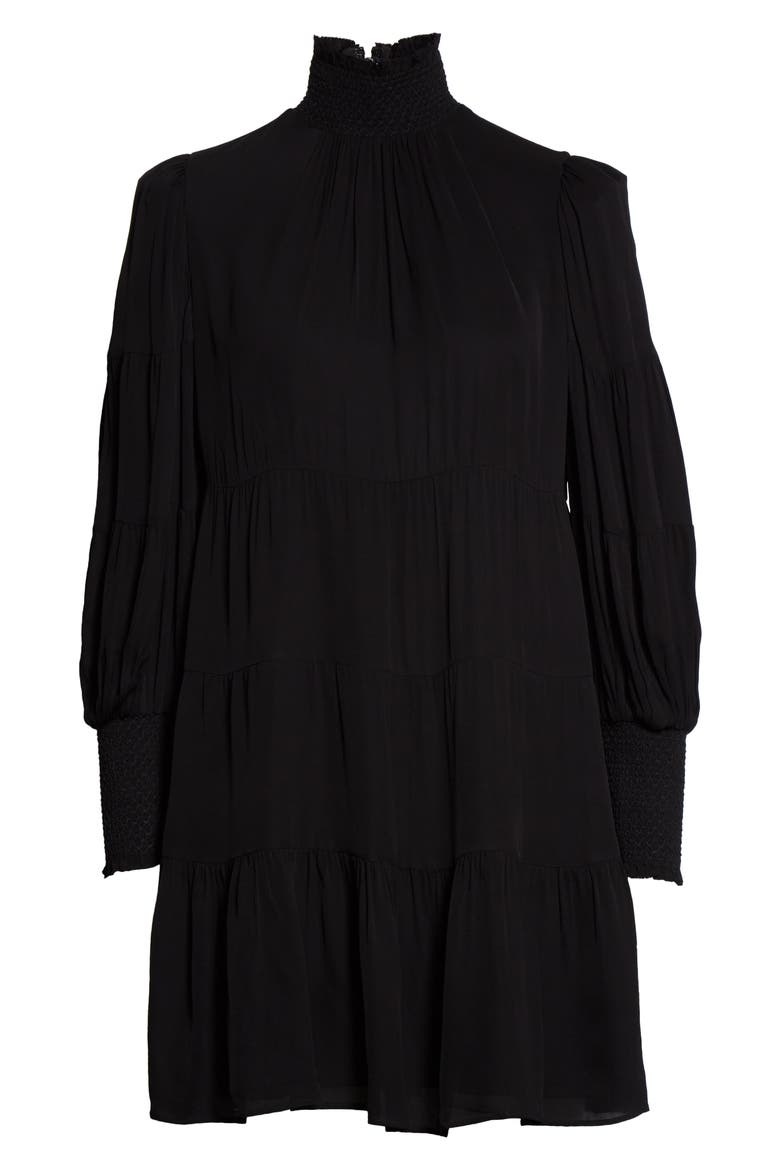 Karena Smock Neck Long Sleeve Babydoll Dress, Alternate, color, BLACK
