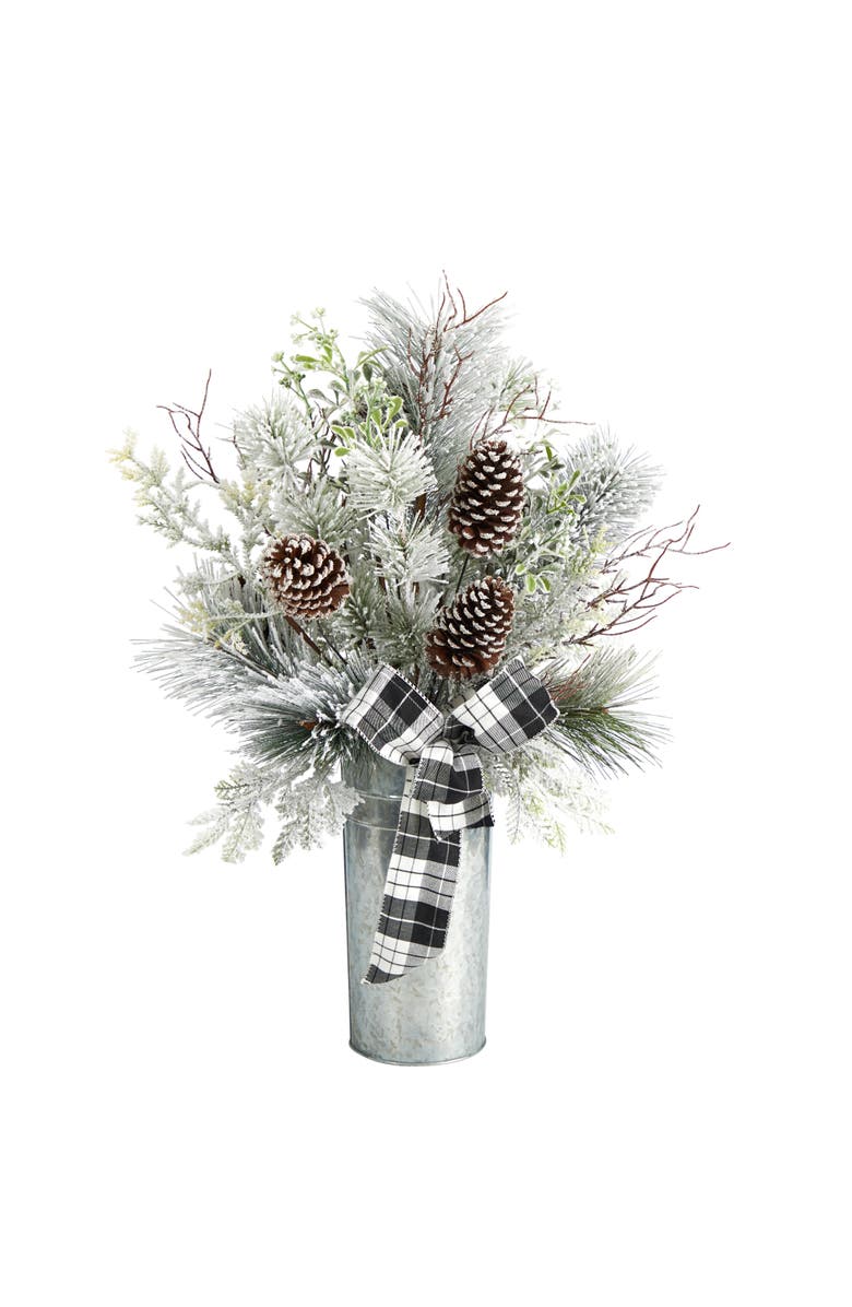 NEARLY NATURAL 28-in Frosted Greenery and Pinecone with Plaid Bow Artificial Christmas Arrangement in Decorative Tin, Main, color, Silver