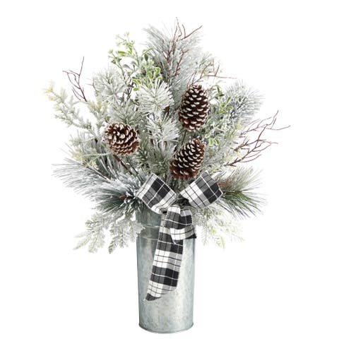 28-in Frosted Greenery and Pinecone with Plaid Bow Artificial Christmas Arrangement in Decorative Tin
