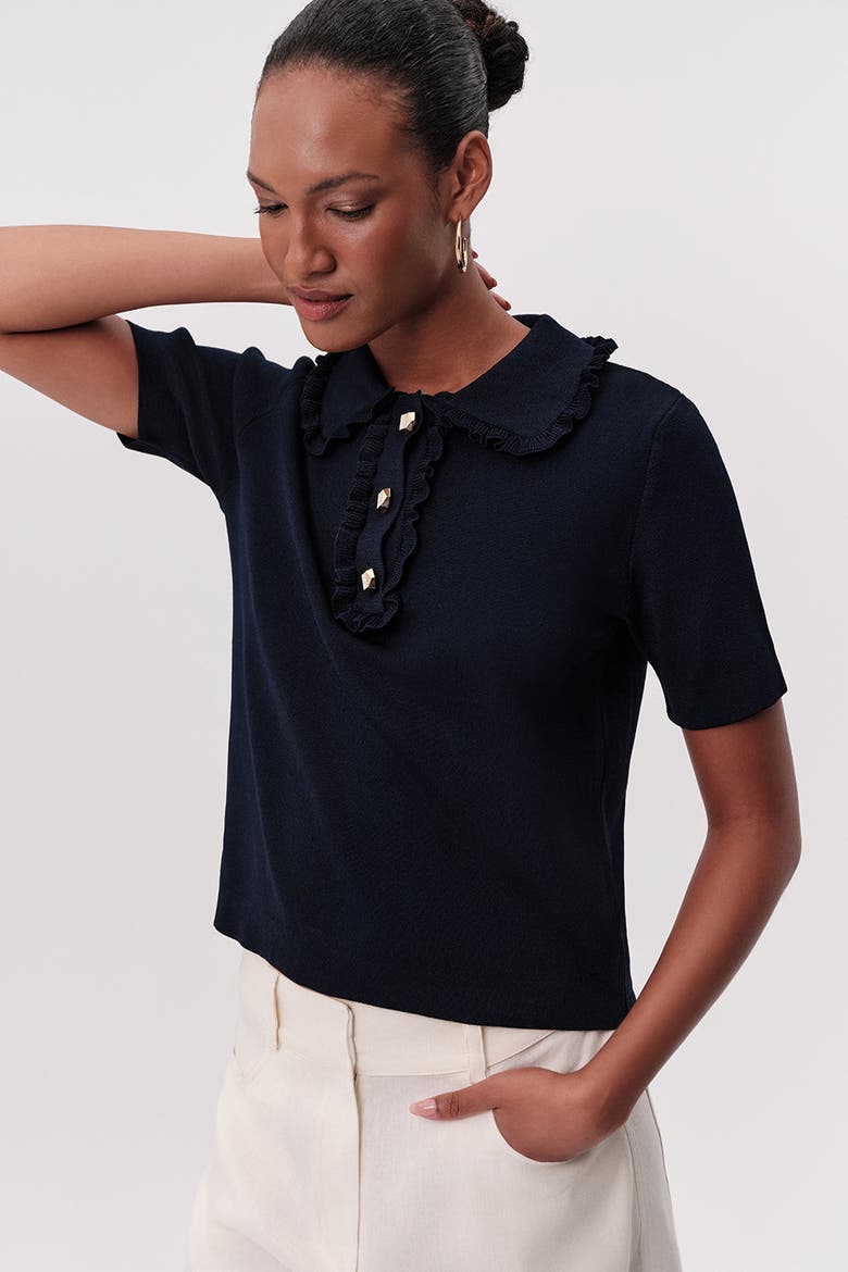 Parker Ruffle Collar Short Sleeve Knit Blouse, Alternate, color, Navy