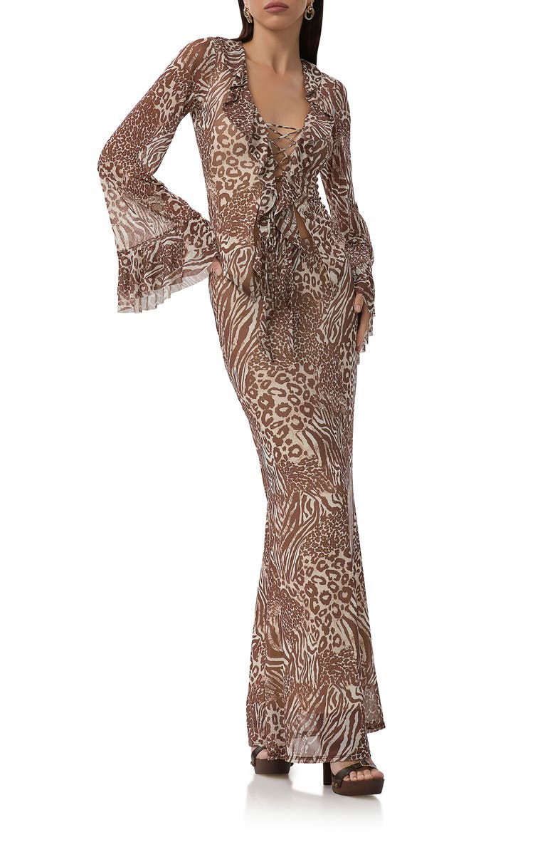 AFRM Tegan Animal Print Mesh Maxi Skirt, Alternate, color, Taupe Animal