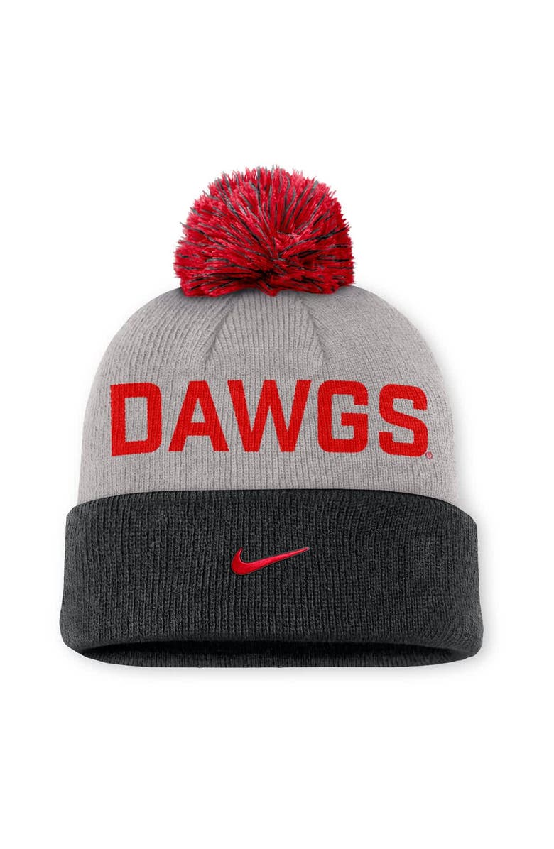 Nike Men's Nike Gray/Black Georgia Bulldogs Primetime Peak Cuffed Knit Hat with Pom, Alternate, color, 