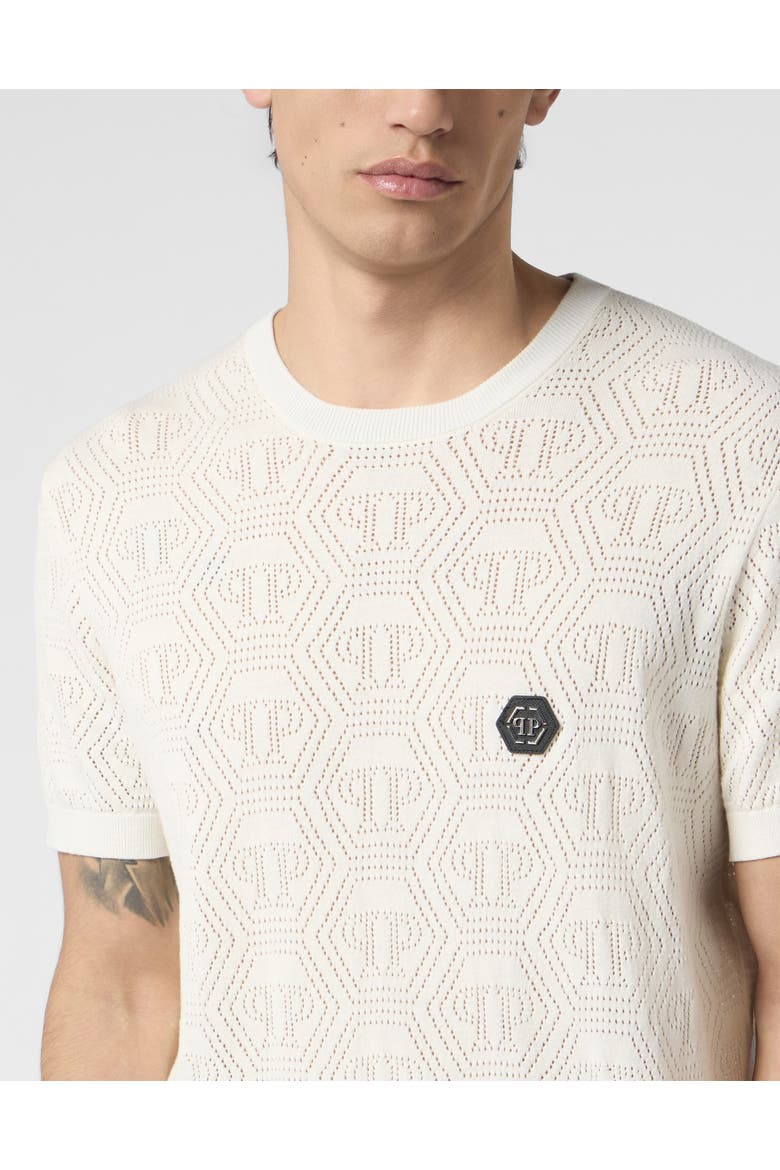Round Neck T-Shirt Openwork Monogram Men, Alternate, color, OffWhite