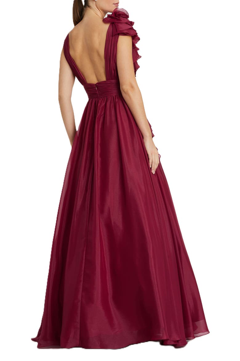 Ruffle Shoulder V-Neck Chiffon Gown, Alternate, color, Wine